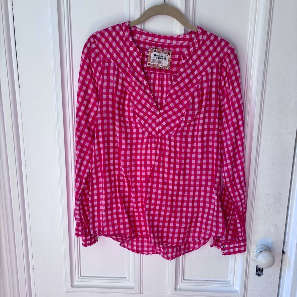 Anthropologie Holding Horses Long Sleeve Vneck Red Gingham Blouse Size 4